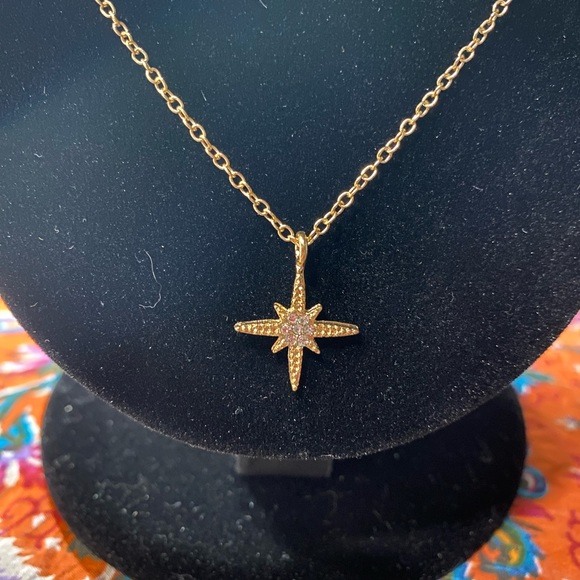 Double Star Necklace Gold Tone with stones - Picture 2 of 3